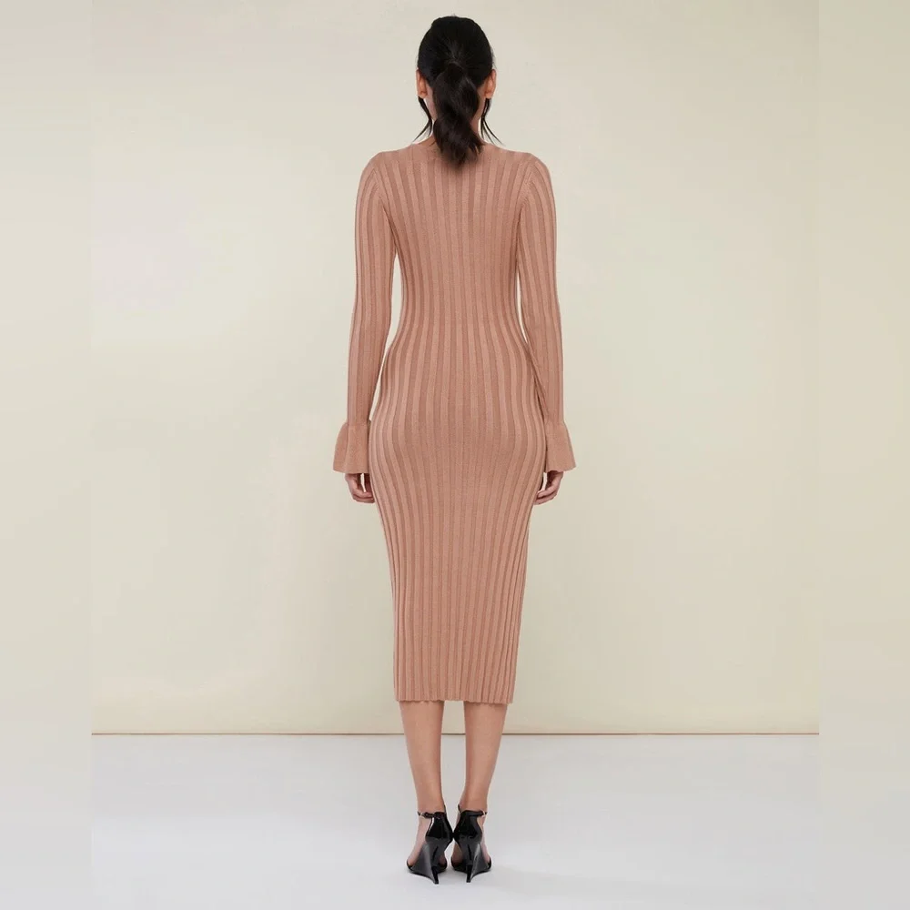 Rachel Parcell Wide Rib Midi Sweater Dress Flounce Sleeve Fitted Camel Sz S - Picture 3 of 12